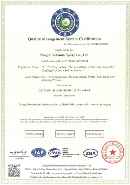 China Ningbo Yolanda Spray Co., Ltd. Certificações