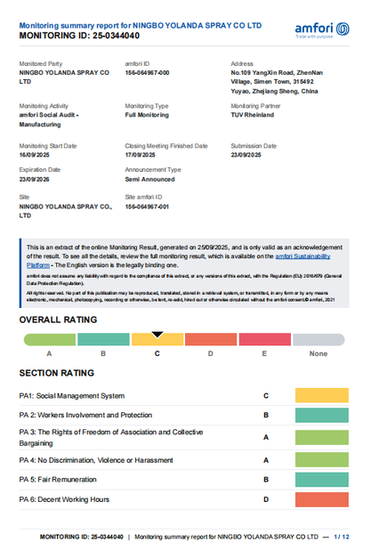 China Ningbo Yolanda Spray Co., Ltd. Certificações